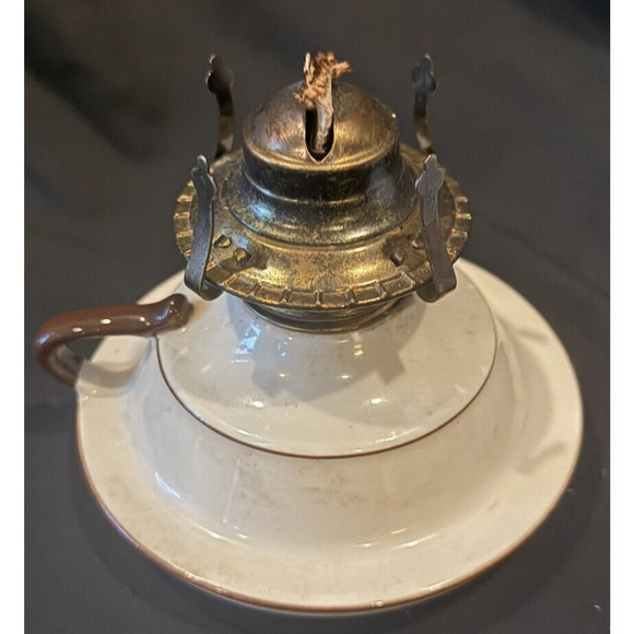 Vintage Lamplight Farms Oil Lamp Shade Stoneware Pottery Milk Glass Brown Ruffle - Picture 10 of 15